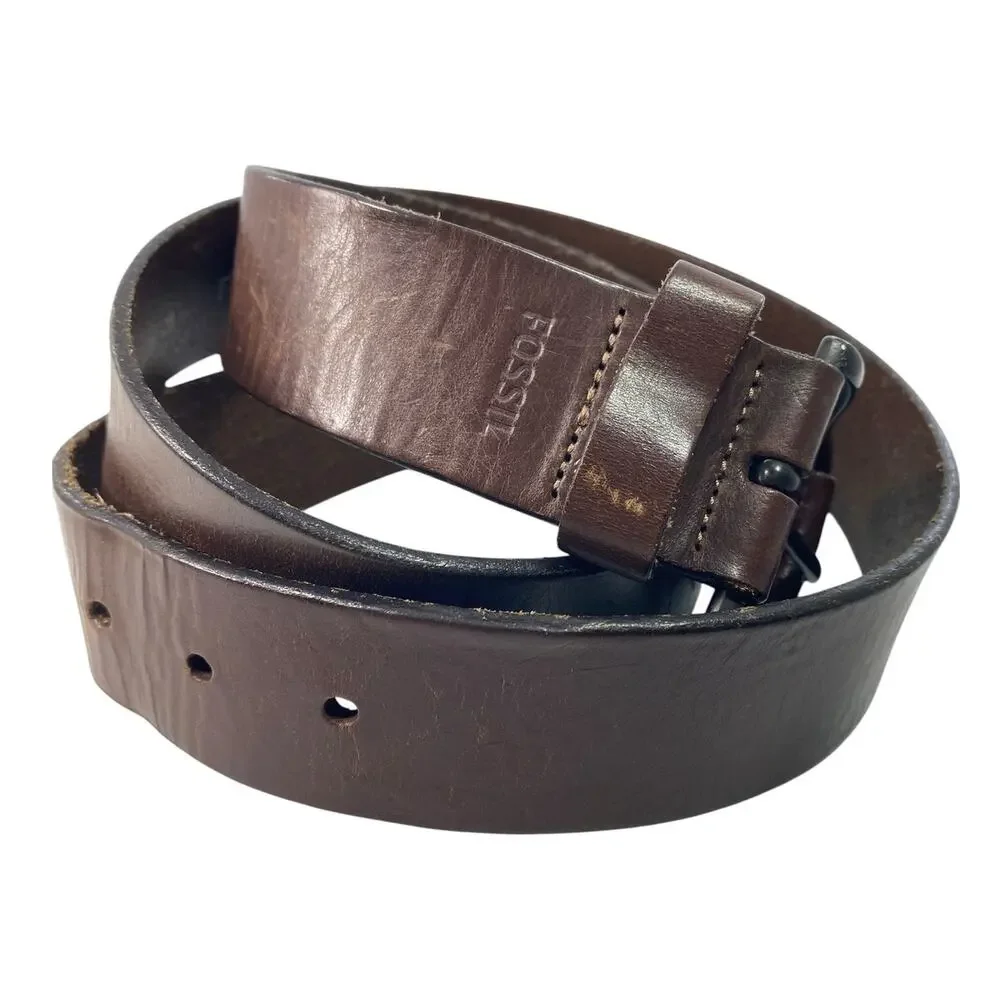 Fossil Carson Dark Metal & Dark Brown Genuine Leather Belt 38 /95 Gorpcore